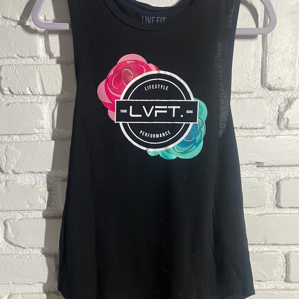Women's Black LIVE FIT Tank Top with Pink and Blue Floral Design